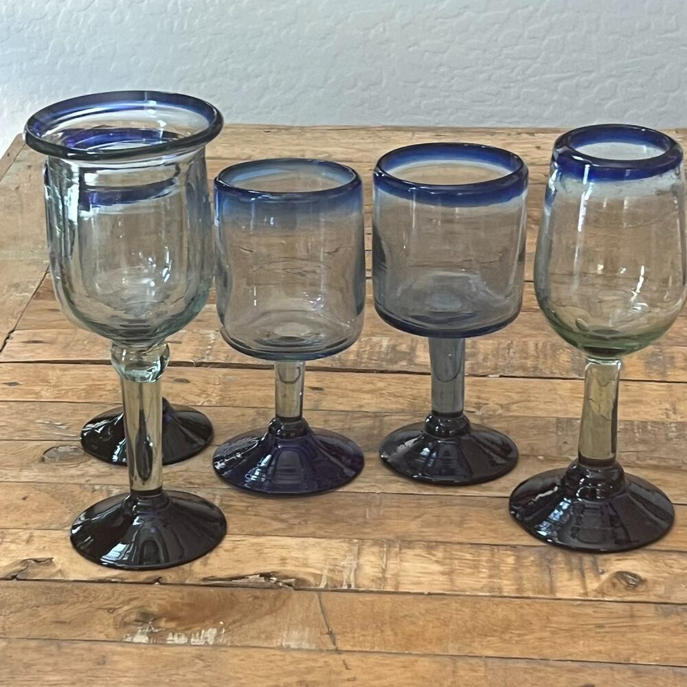 Mexican Hand Blown Goblets Drinking Glasses Cobalt Blue Rim Set of 5 - Picture 8 of 12